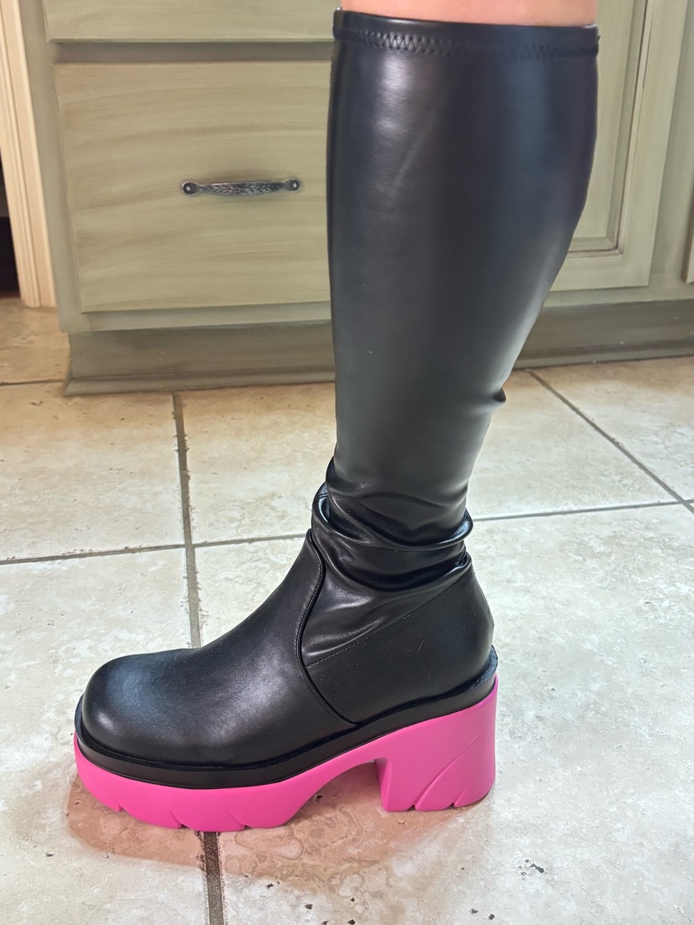 Cape Robbin Black Knee-High Boot with Pink Platform Sole